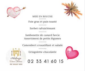 MENU SAINT VALENTIN AUBERGE DU VIEUX CHATEAU COTENTIN TOURISME